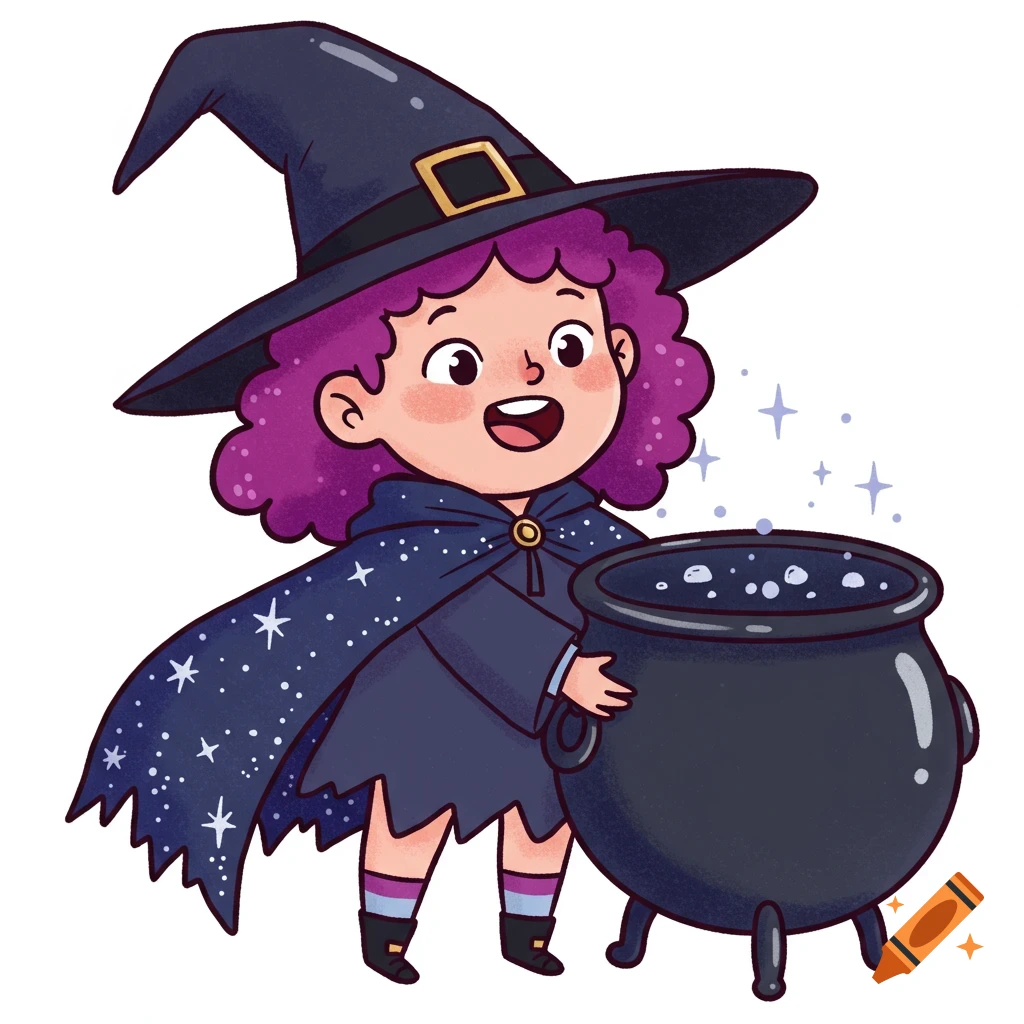 A happy cartoon child dressed as a witch with purple hair, holding a black cauldron, isolated on a white background.