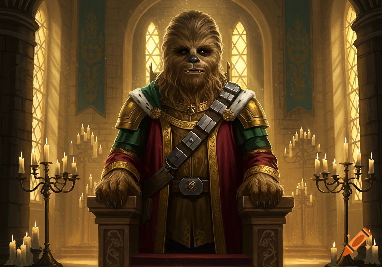 A Wookie dressed in ornate royal robes and golden armor, seated on a throne-like chair in a candlelit, gothic hall.