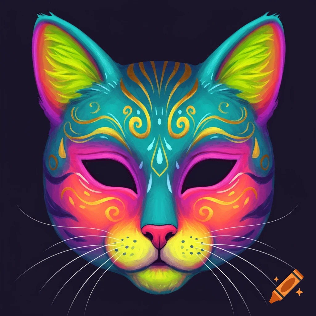 A vibrant, colorful cat mask with teal, pink, orange, purple, green, and yellow hues, adorned with golden swirl patterns.