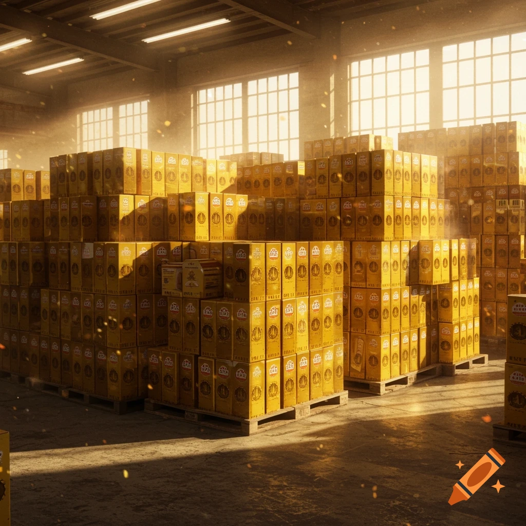 A photorealistic image of a warehouse filled with tall stacks of yellow boxes on wooden pallets, illuminated by sunlight.