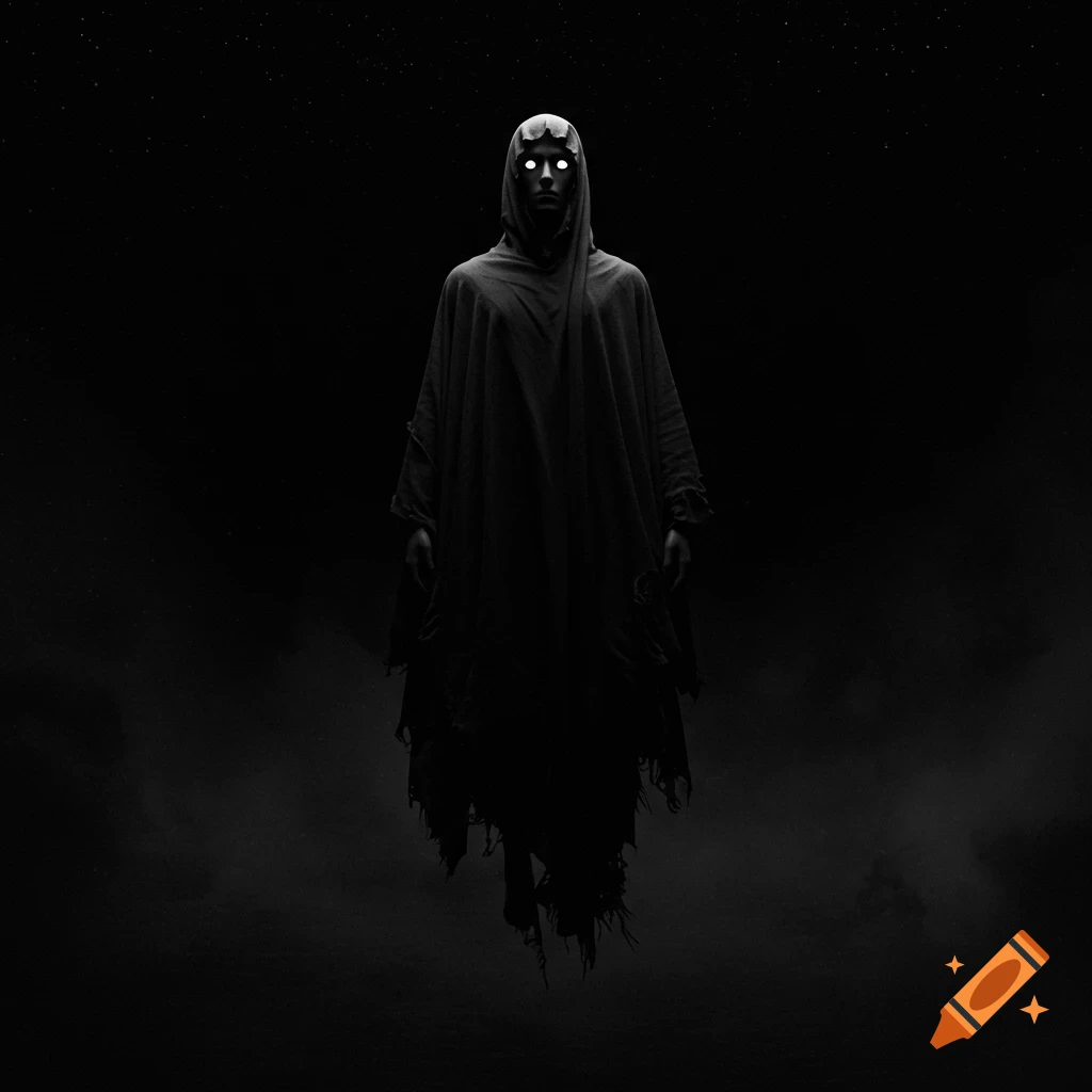 A dark, spectral figure with glowing white eyes floats against a starry, black background.