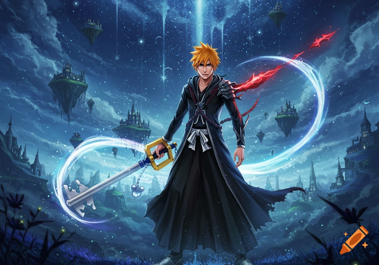 An anime character with orange hair wearing a black coat stands holding a large key-shaped sword. Floating islands and a starry sky with light beams are in the background.