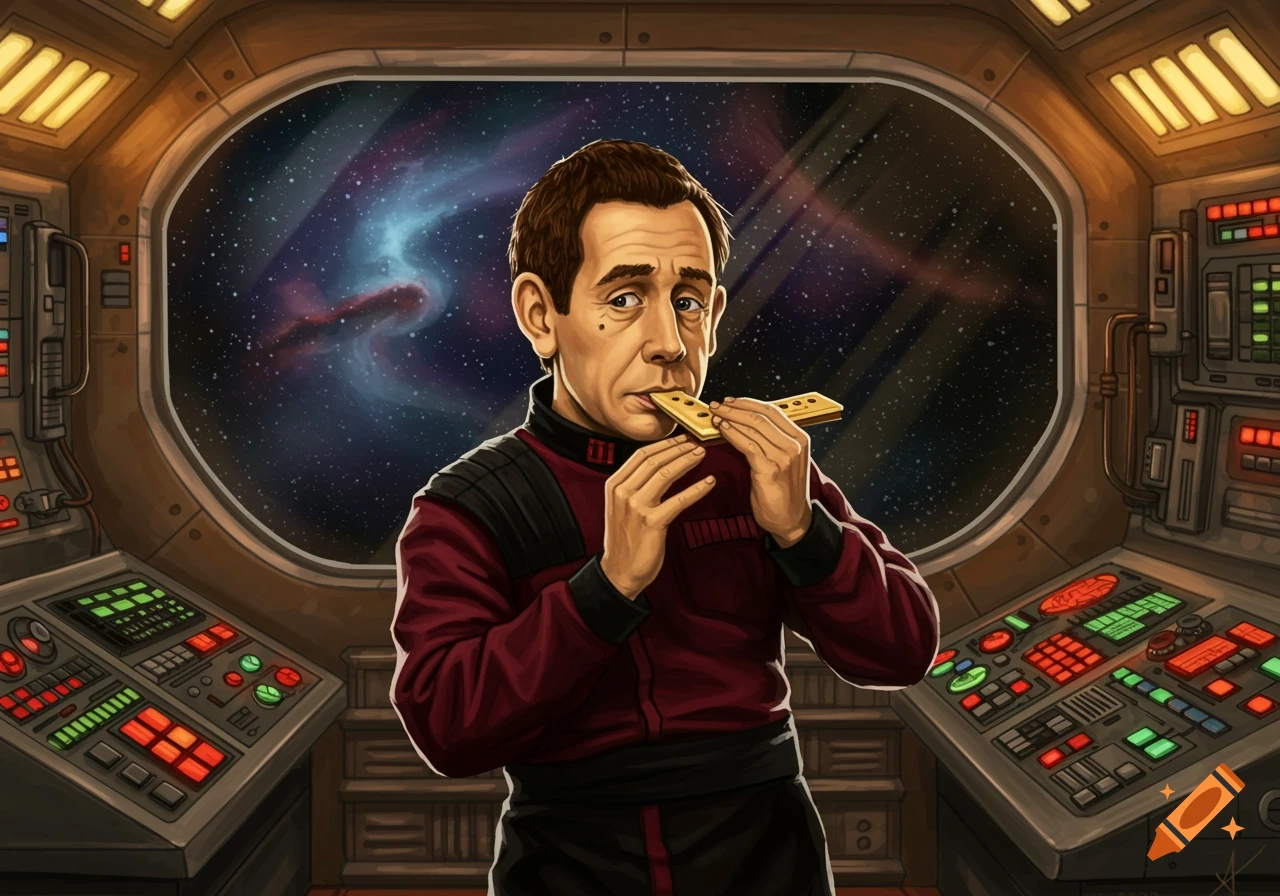 Cartoon character resembling Kryten in a red uniform playing a golden kazoo inside a spaceship cockpit with a starry galaxy view.