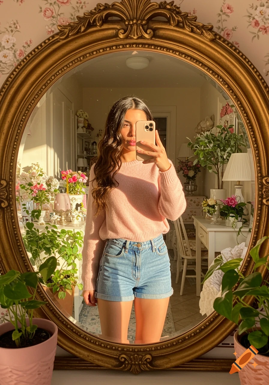 A brunette woman in a pink sweater and denim shorts takes a mirror selfie in a room with floral wallpaper and plants.
