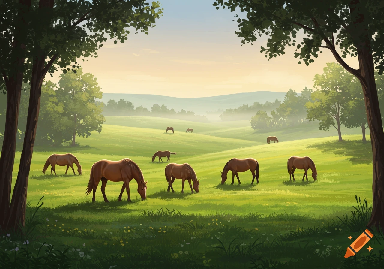 Horses graze in a sunlit green pasture framed by trees and distant hills, in a painterly style.