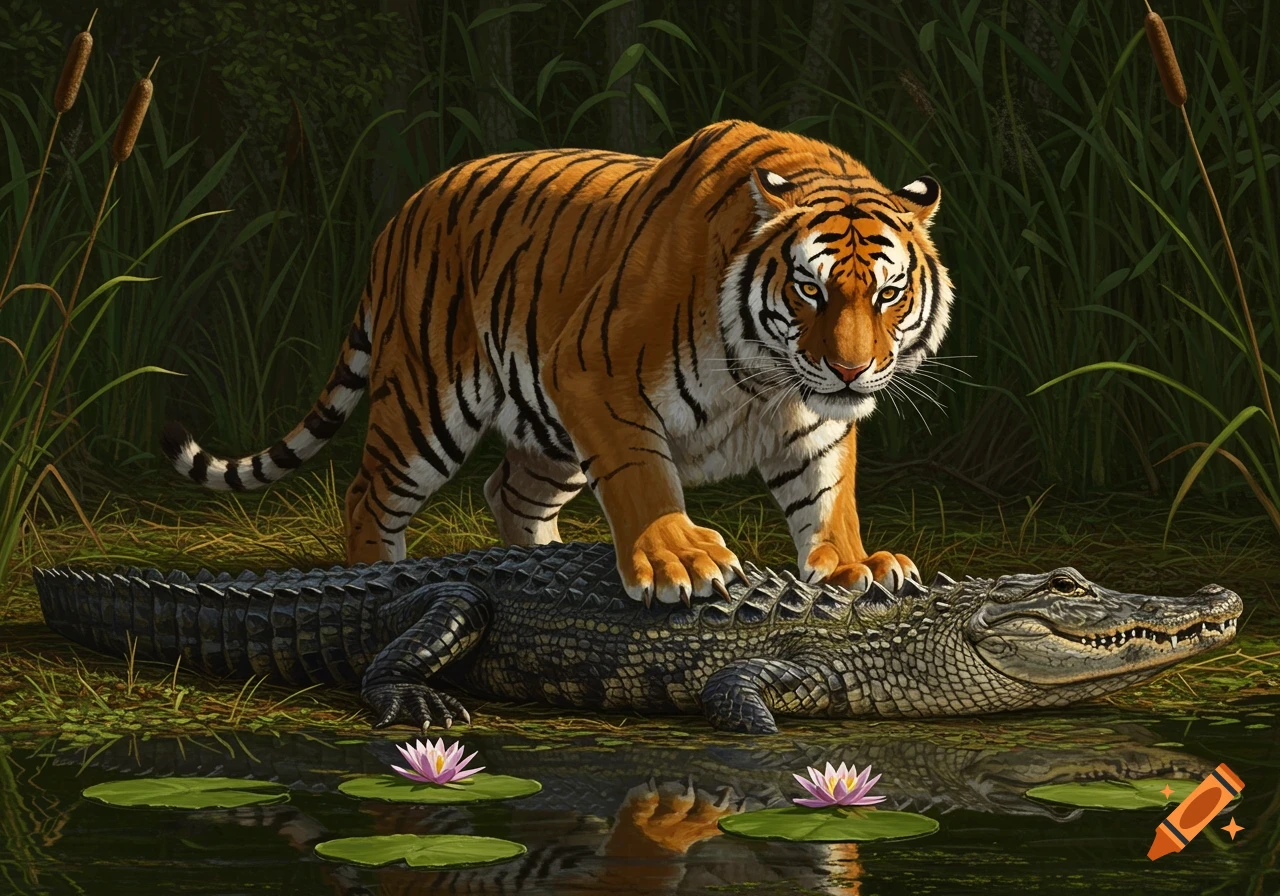 A realistic painting of a tiger standing on an alligator in a swamp with water lilies.