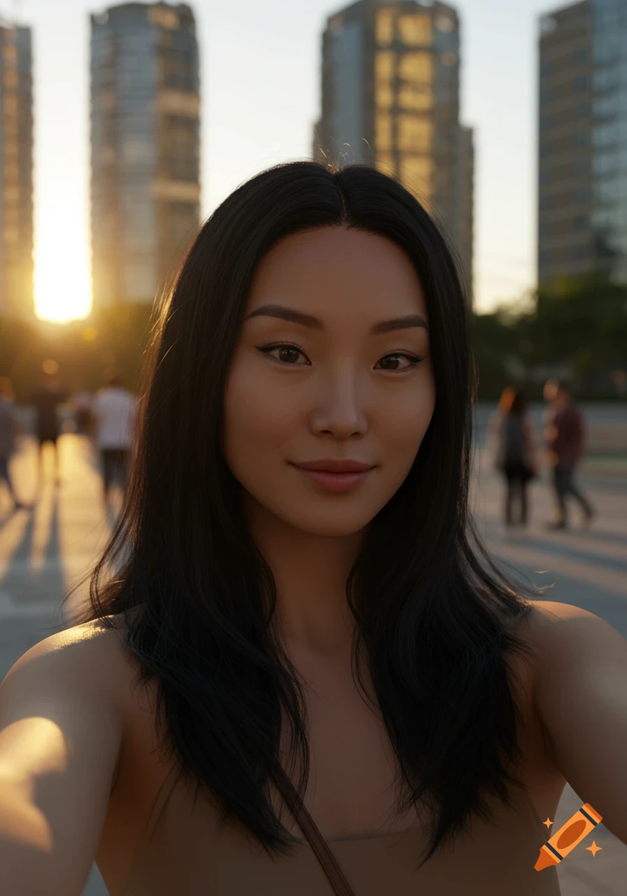 Photorealistic selfie of a young Asian woman with long dark hair, smiling subtly outdoors at sunset with blurred city buildings in the background.
