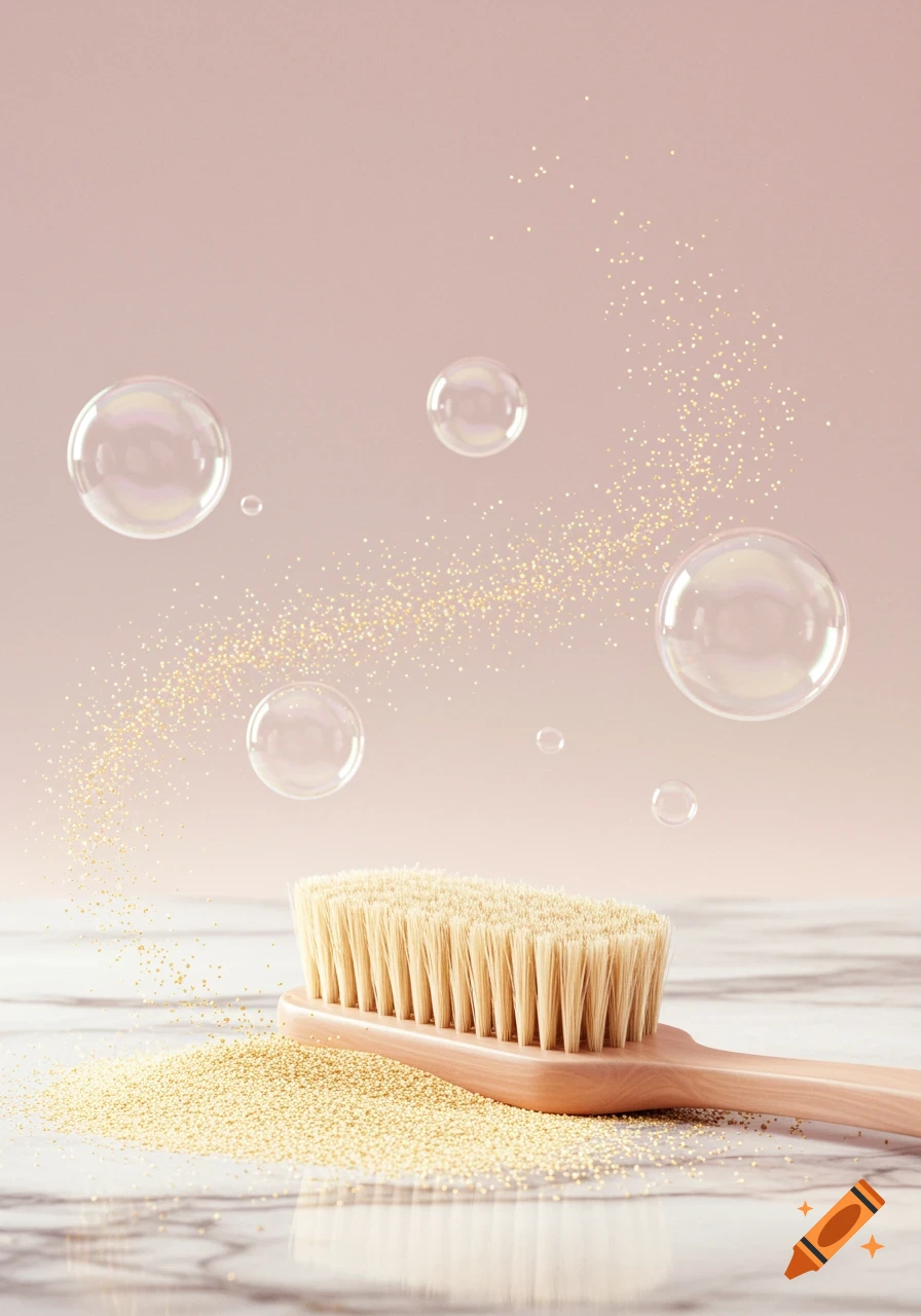 A natural bristle body brush rests on a marble surface, surrounded by floating soap bubbles and sparkling golden glitter against a soft pink background.