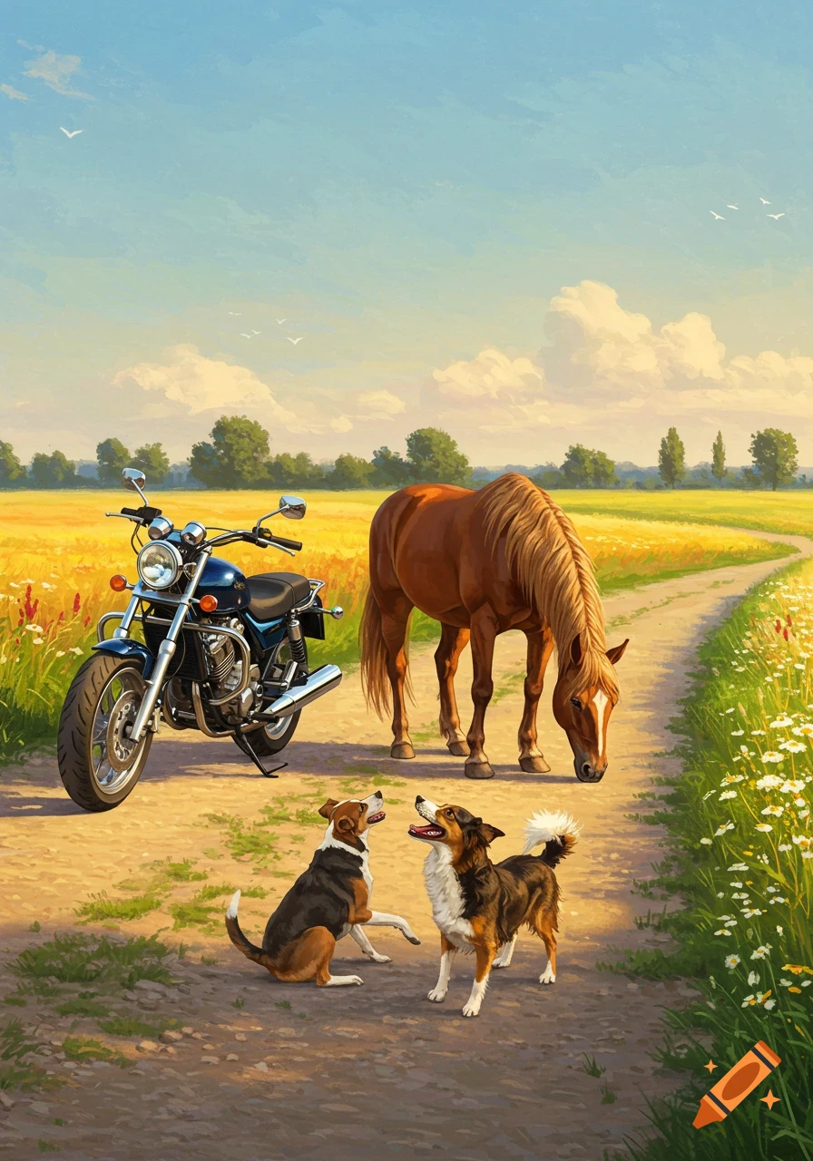 A blue motorcycle parked on a dirt path next to a brown horse grazing and two dogs, in a sunny countryside field.