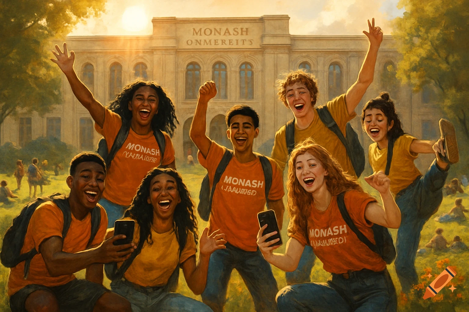 A group of diverse university students excitedly pose for a photo in front of a campus building at sunset, some holding phones.