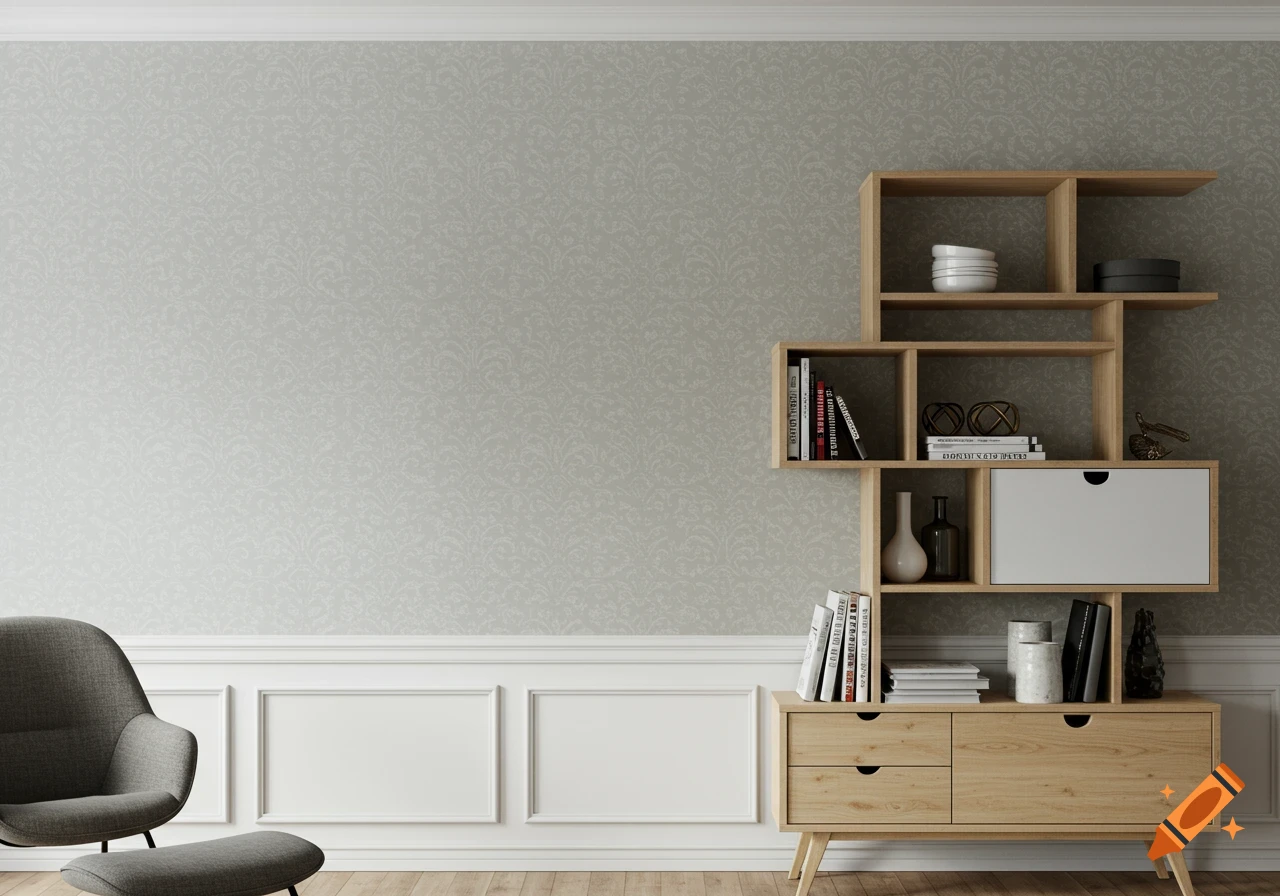 A photorealistic image of a modern living room with a gray armchair, wooden bookshelf, and patterned wallpaper.
