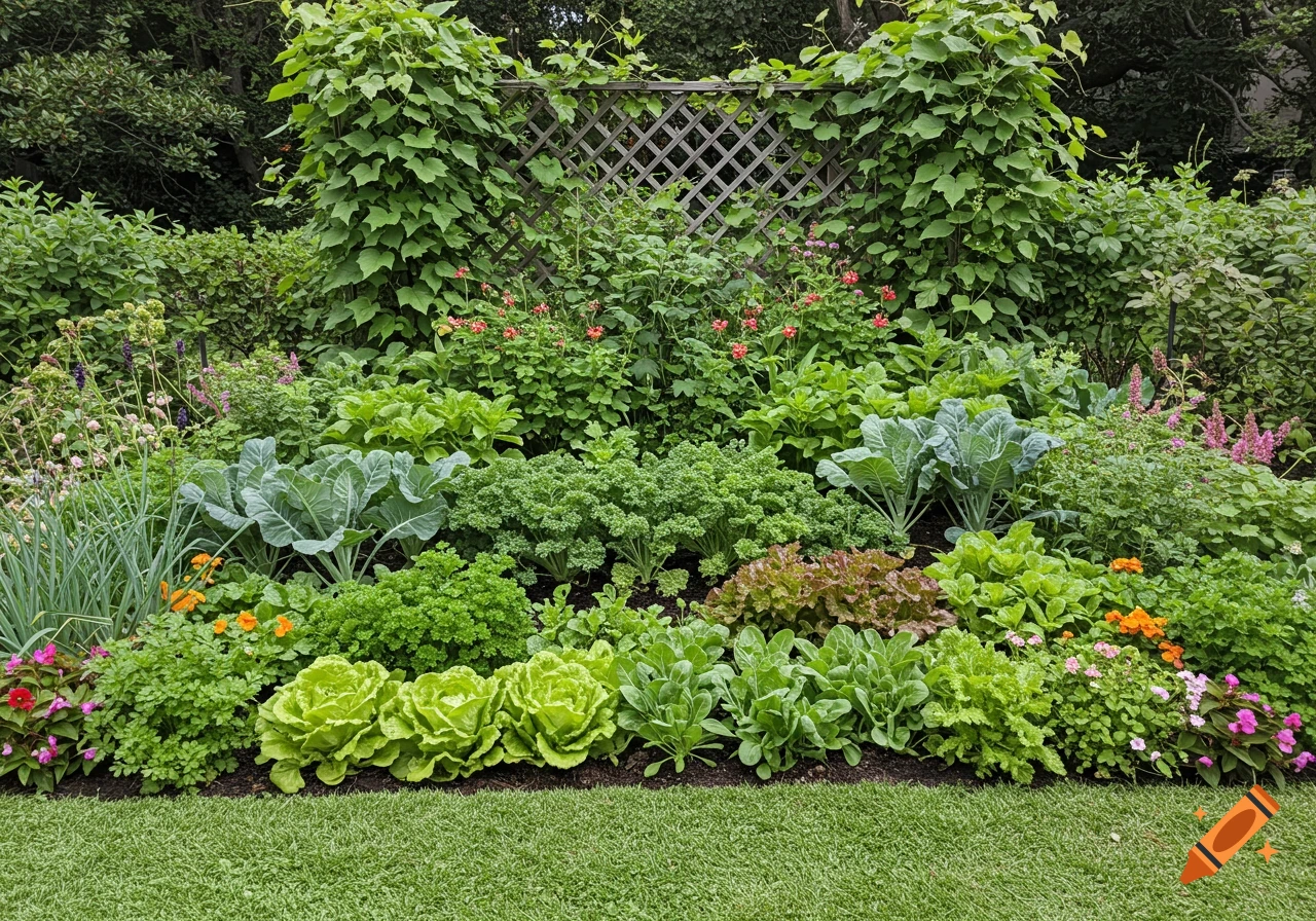 A vibrant, well-maintained garden bed featuring rows of leafy greens, herbs, and colorful flowers, with a trellis covered in vines in the background.