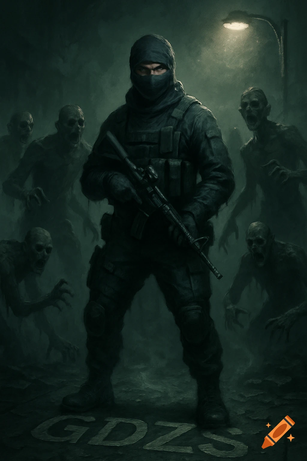 A dark illustration of a masked soldier with a rifle facing a horde of zombies on a foggy street, with 'GDZS' written on the ground.