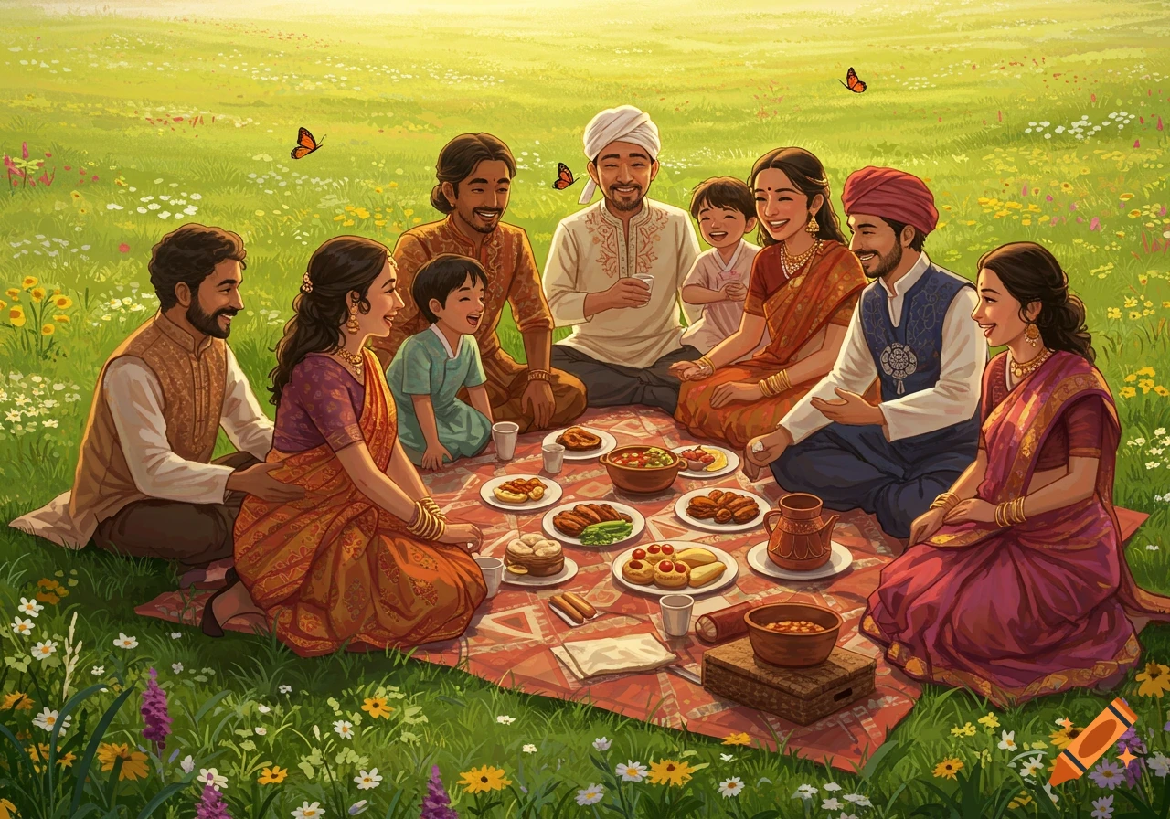 An illustration of a large South Asian family enjoying a picnic on a sunny, flowery green field.