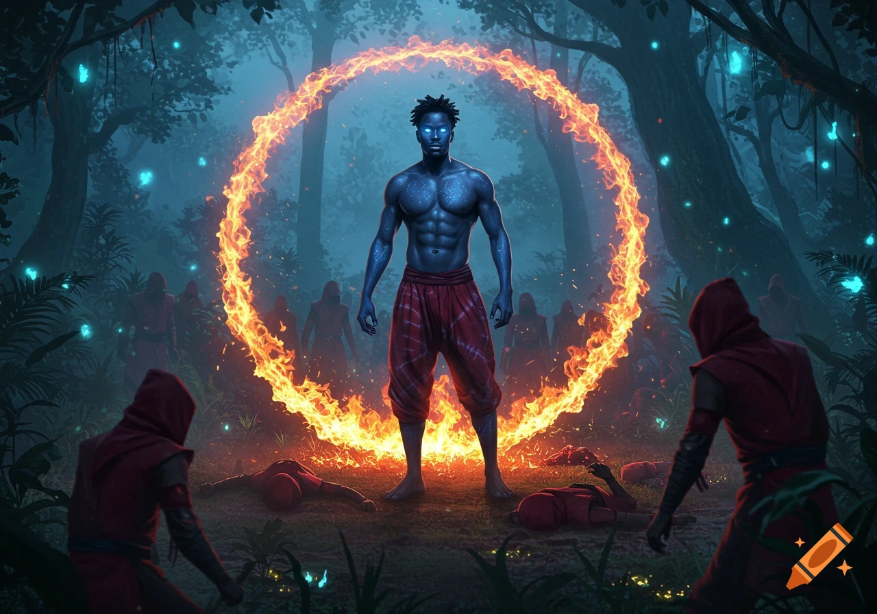 An ultra-realistic illustration of a muscular, blue-skinned man standing in a ring of fire in a dark jungle, surrounded by fallen hooded figures and glowing blue flora.