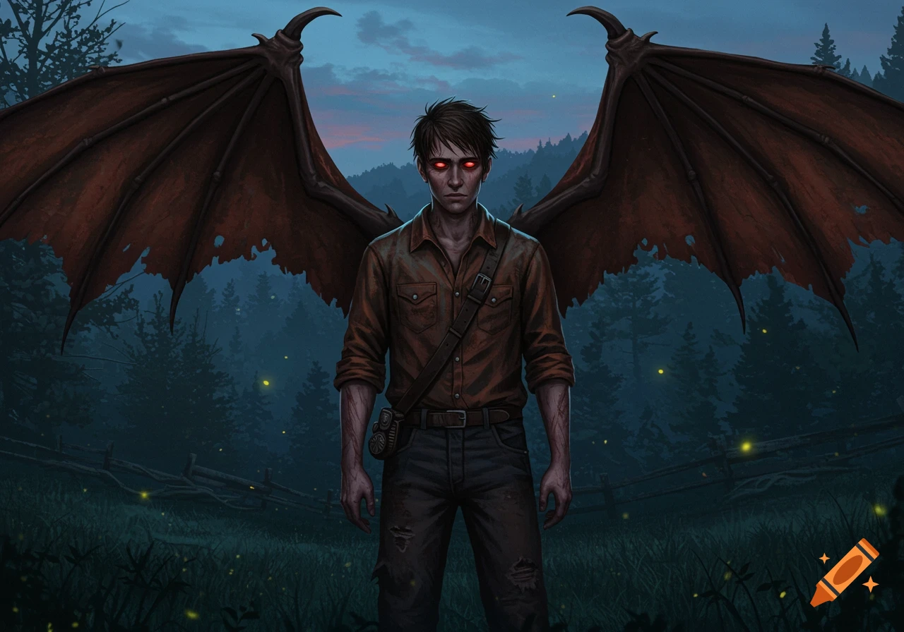 A dark fantasy digital painting of a winged man with glowing red eyes standing in a misty forest at dusk, with fireflies.