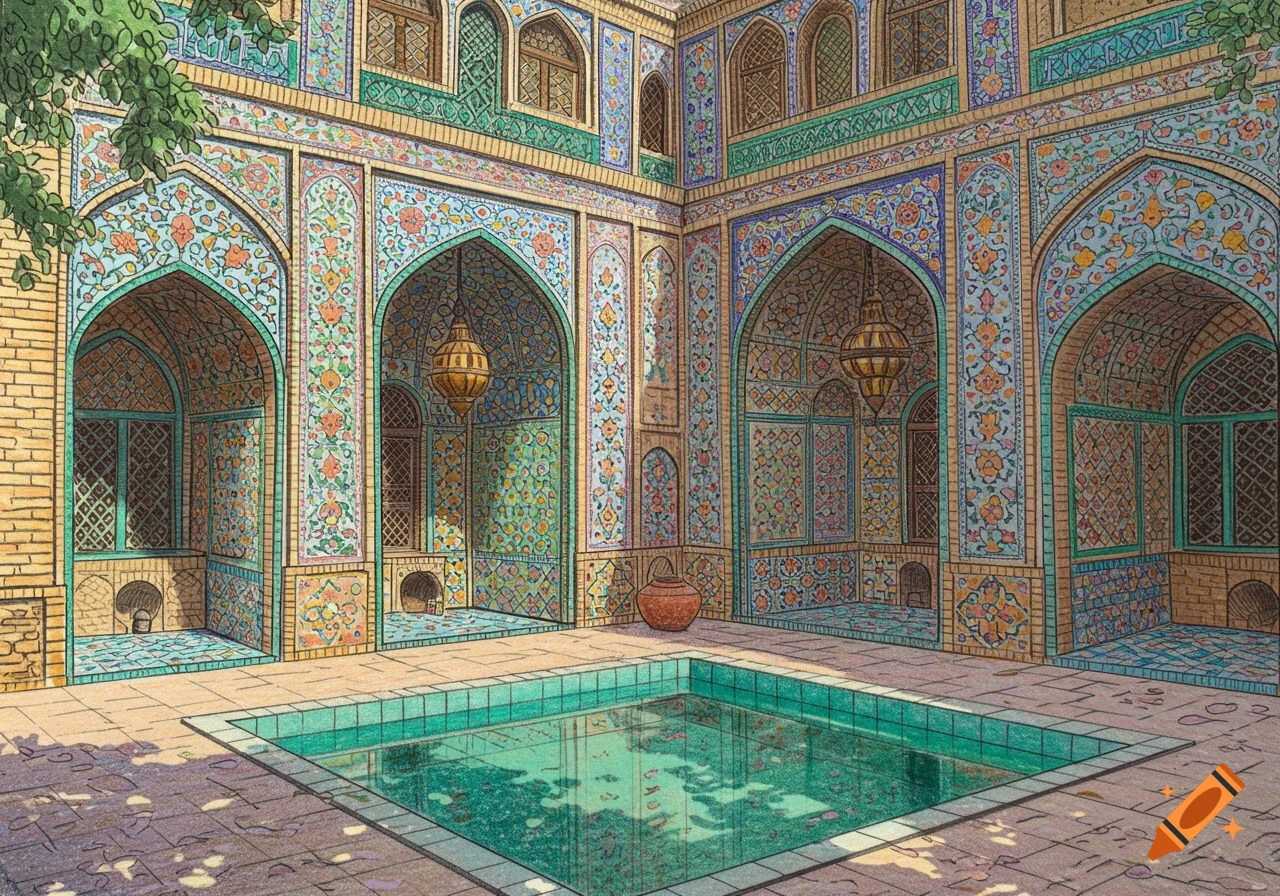 A whimsical colored pencil sketch of an Iranian bathhouse courtyard with intricate tile work, arched doorways, and a central pool.