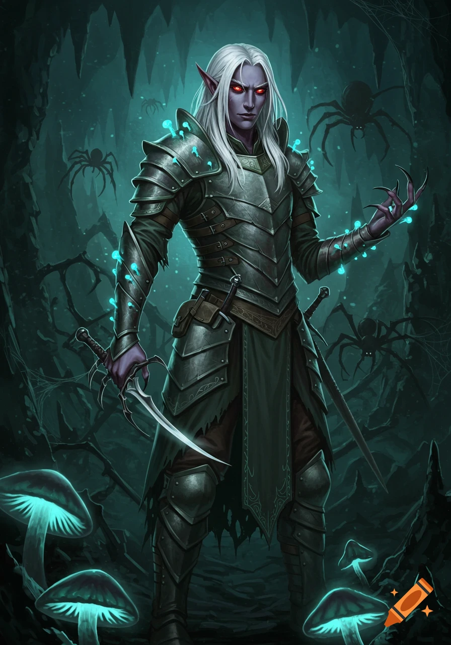 A dark elf character with white hair and red eyes, wearing grey-green armor, holds a dagger in a glowing mushroom and spider-filled cave.
