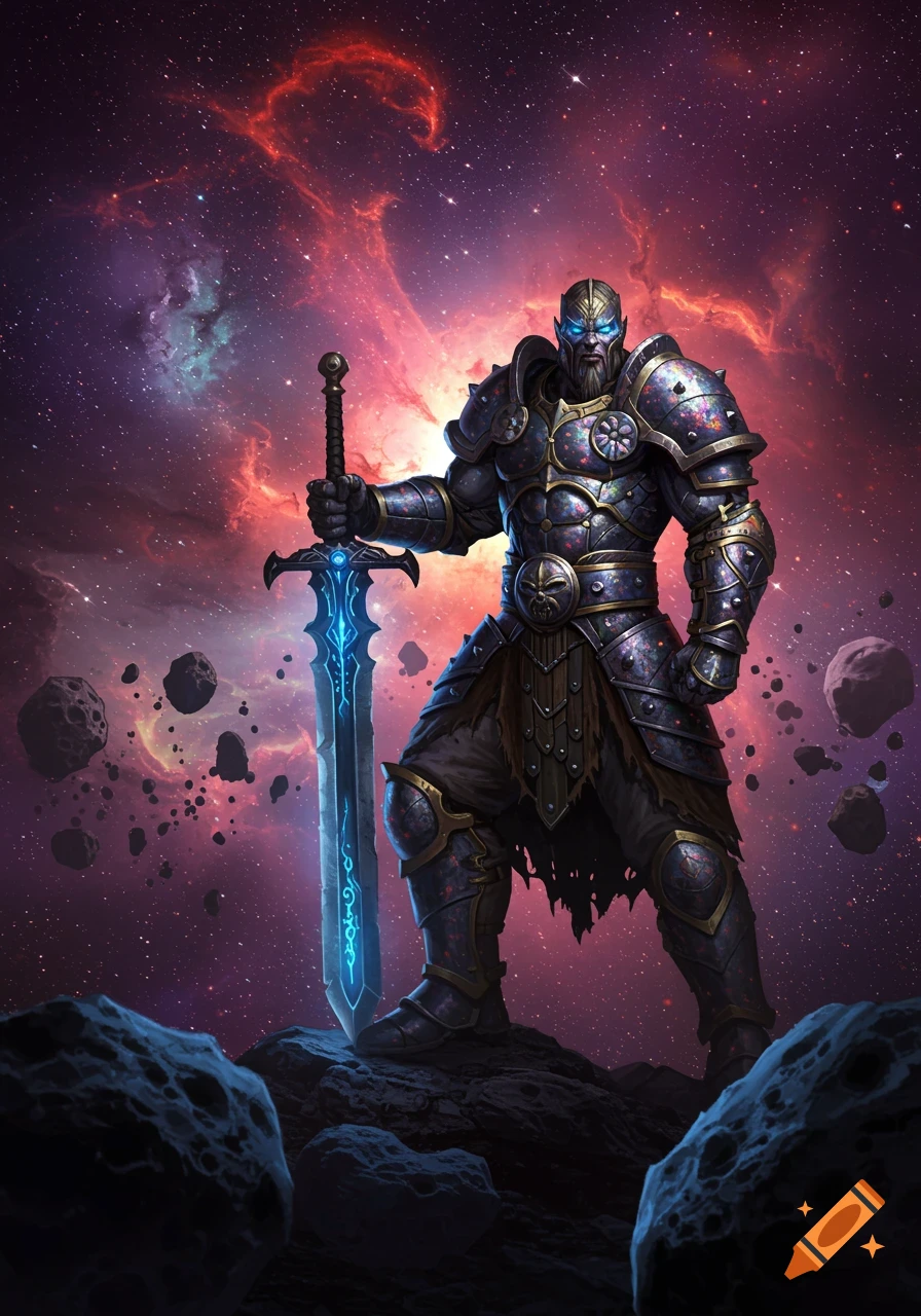 A muscular space barbarian in ornate armor, holding a glowing blue sword, stands on an asteroid against a vibrant cosmic nebula.