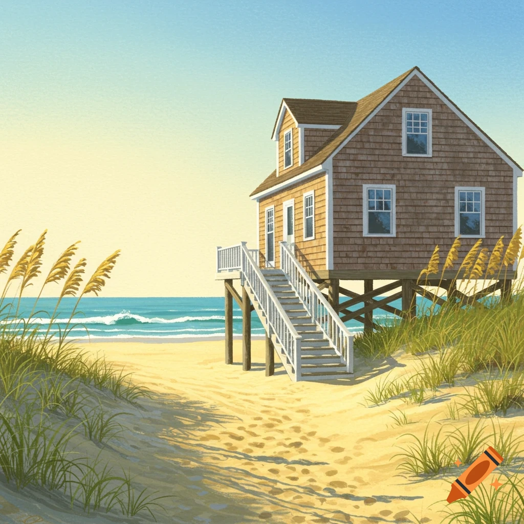 An illustrated Cape-style house on a sunny beach with a long white staircase leading to the sand.