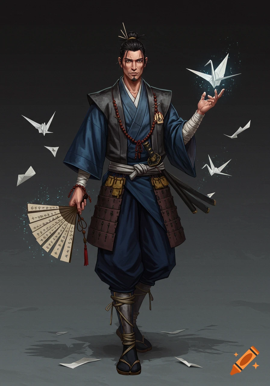 A male character in blue and gray traditional Japanese attire holds a fan with text while paper cranes float around him.
