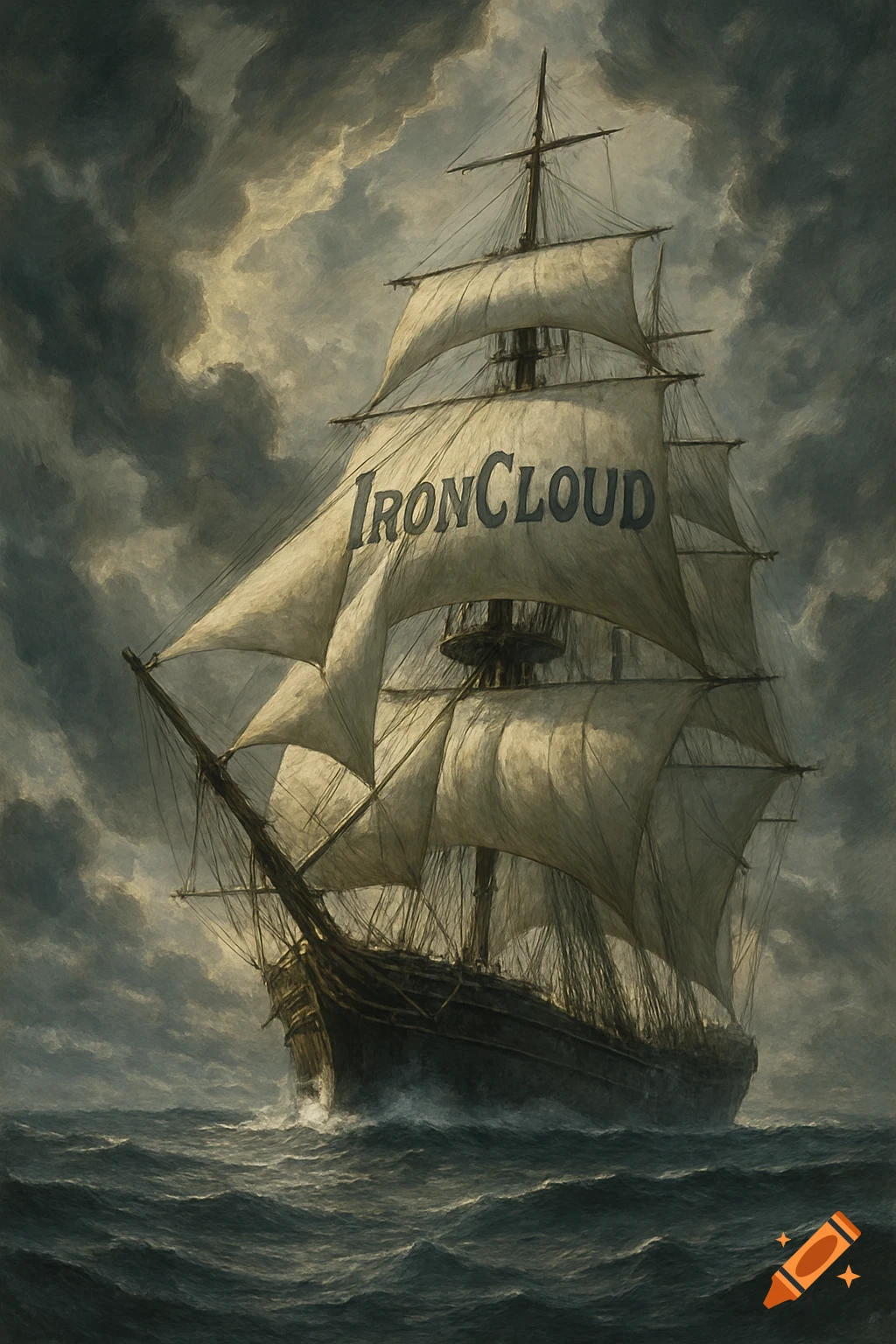 A tall sailing ship with 'IronCLoud' on its main sail battles a stormy sea under a dark, cloudy sky, in a dramatic painting style.