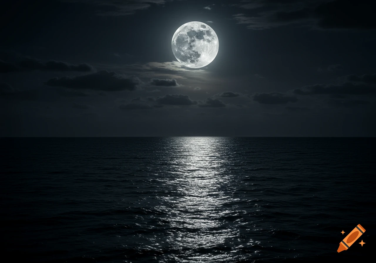 A full moon brightly illuminates a dark ocean, casting a shimmering reflection across the water.