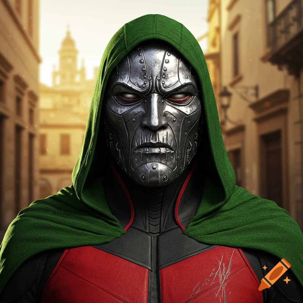 A close-up of a character wearing a silver steel mask, green hooded cape, and a black and red suit against a blurred cityscape.