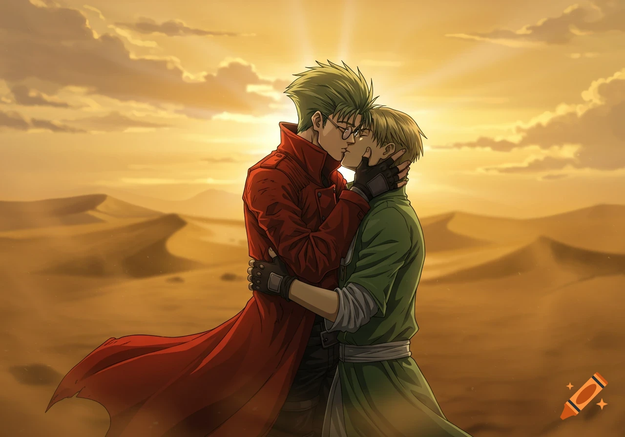 Anime style illustration of two men kissing in a desert at sunset.