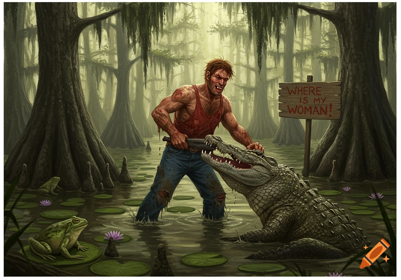 A muscular redneck man with a shotgun wrestles an alligator in a murky swamp. A sign reads 'WHERE IS MY WOMAN!'. Illustrated.