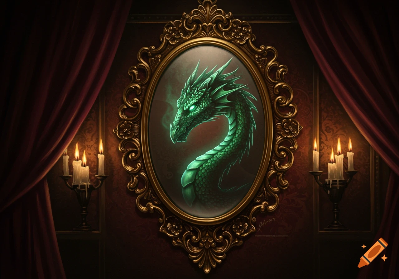 A glowing green dragon's reflection appears in an ornate gold framed oval mirror, flanked by red curtains and lit candelabras.