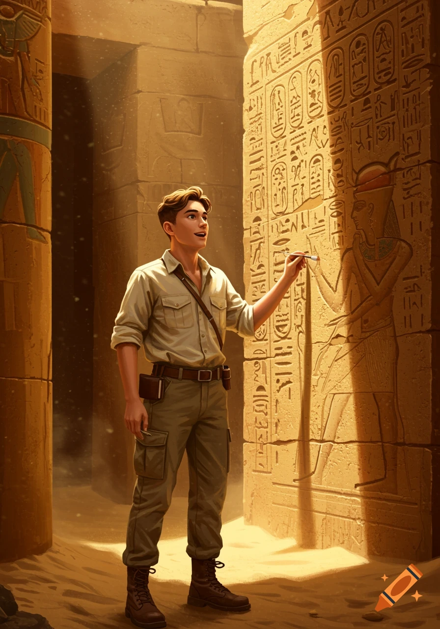 A young man, resembling an archaeology student, stands in a sunlit ancient Egyptian temple, examining hieroglyphs on a stone wall.