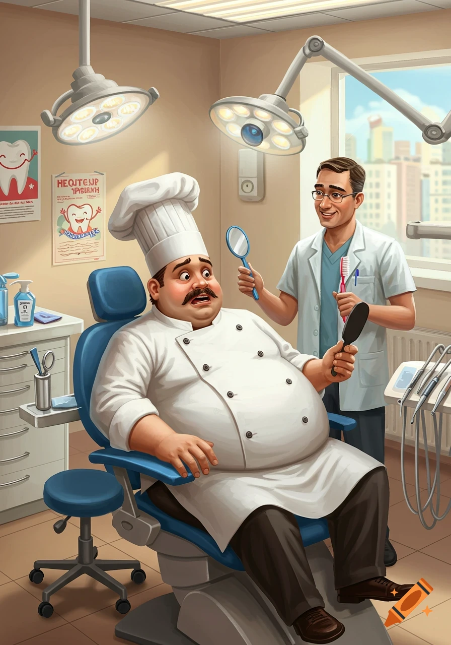 A cartoon illustration of a plump chef looking nervous in a dental chair, while a smiling dentist holds up a mirror and toothbrush.