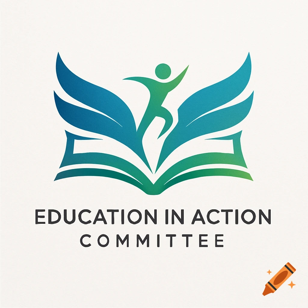 Logo of an open book with a jumping human figure and wing-like shapes in blue-green gradients, with "EDUCATION IN ACTION COMMITTEE" text.