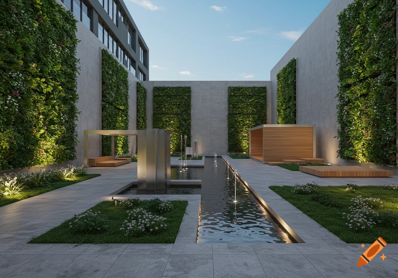 A modern outdoor courtyard with a linear water feature, vertical green walls, concrete paths, and contemporary seating areas.