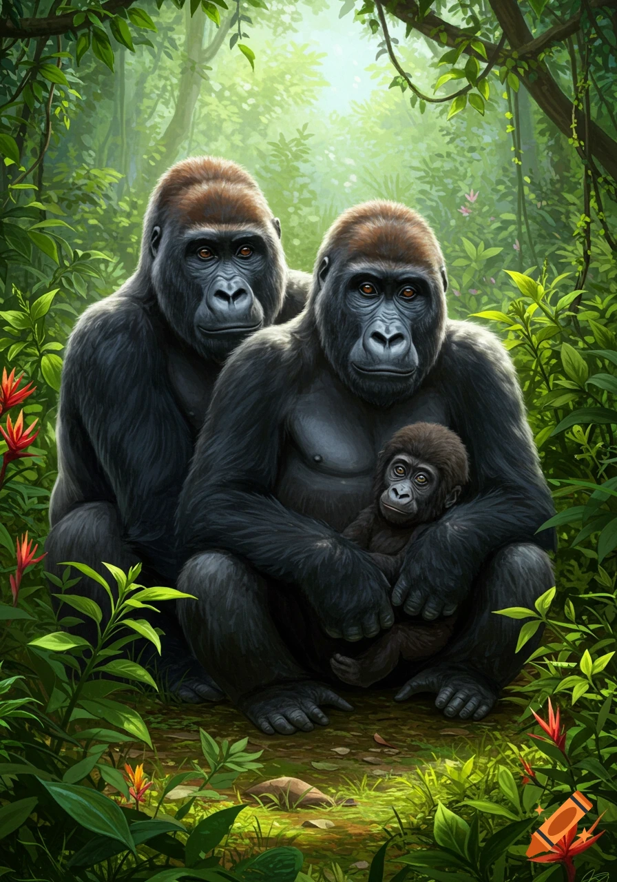 Two adult gorillas and a baby gorilla sitting in a lush green jungle, rendered in a realistic illustration style.