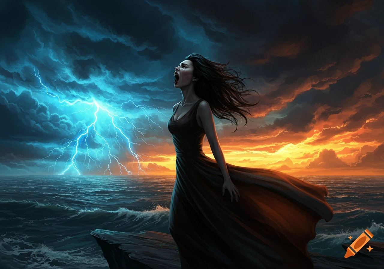 A woman in a dark dress screams into a powerful lightning storm over a tumultuous sea, with an orange sunset on the horizon.