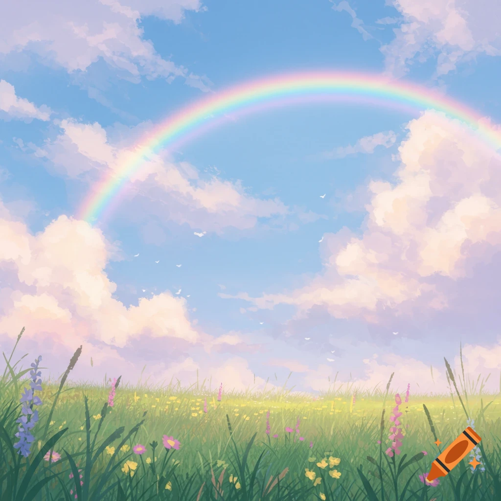 A colorful rainbow arches over a vibrant green field filled with flowers under a sky with fluffy clouds in an illustrative style.