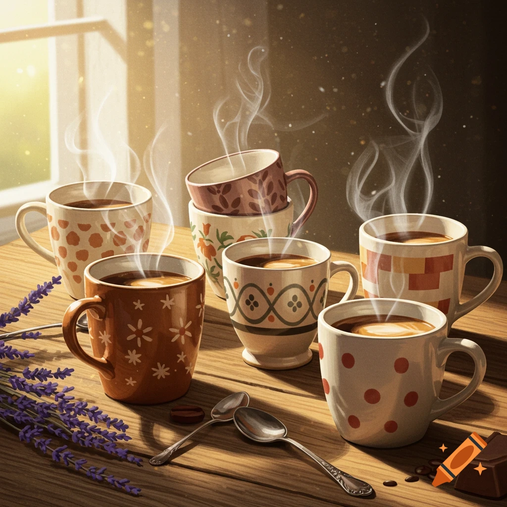 Steaming coffee mugs on a wooden table with lavender and spoons, bathed in warm sunlight.