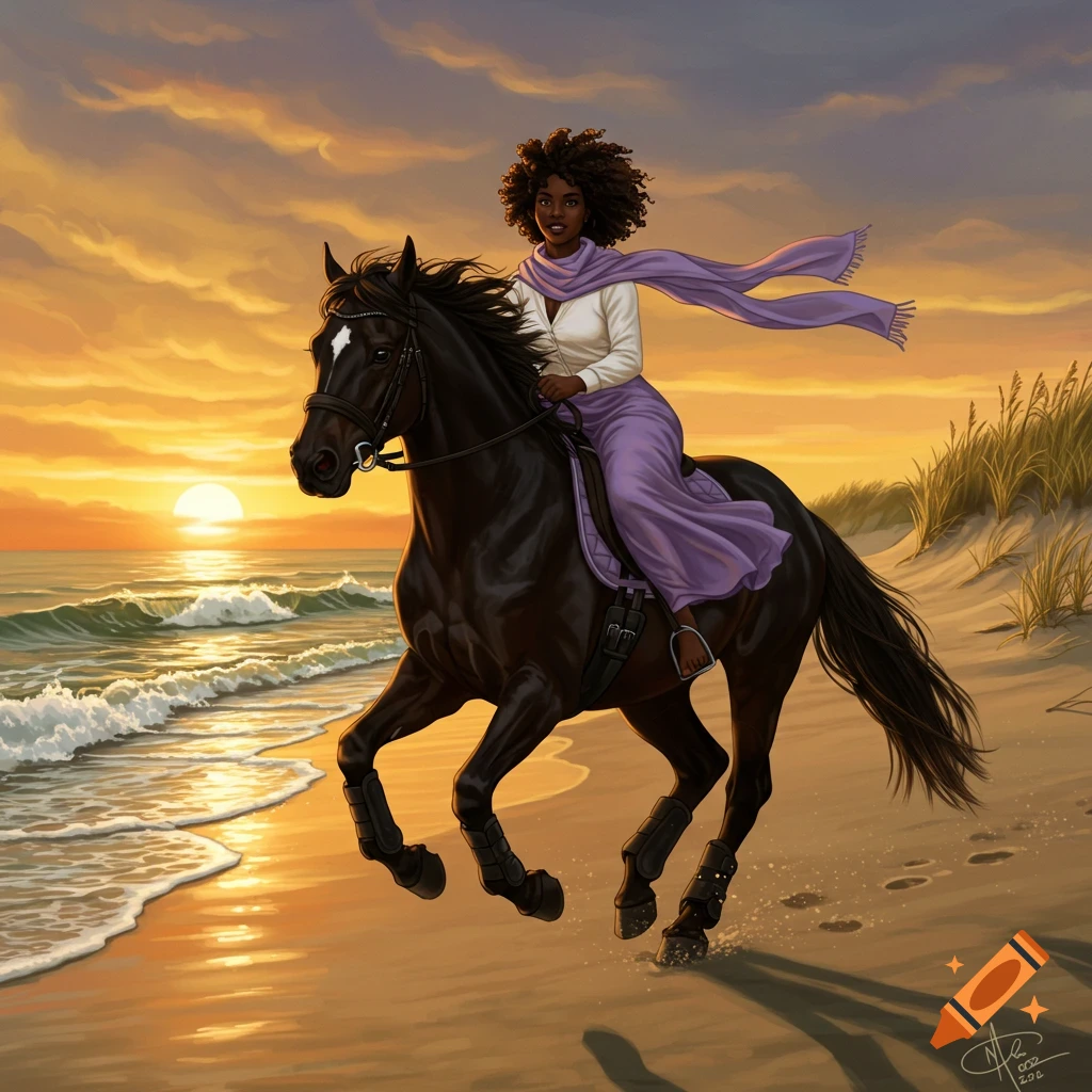 A Black woman with curly hair riding a black horse on a beach at sunset, with waves crashing and dunes in the background.