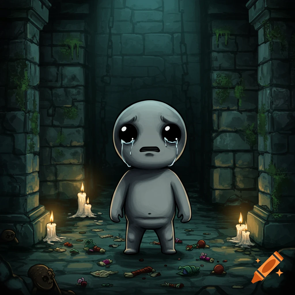 A stylized, crying, grey, child-like figure stands in a dimly lit stone dungeon room, surrounded by scattered items and flickering candles.