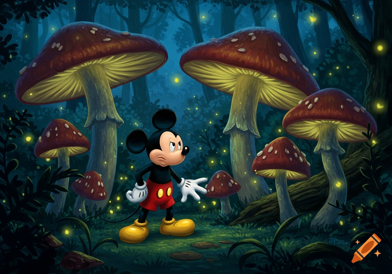 Mickey Mouse looks suspicious in a whimsical, dark forest filled with large, glowing mushrooms.