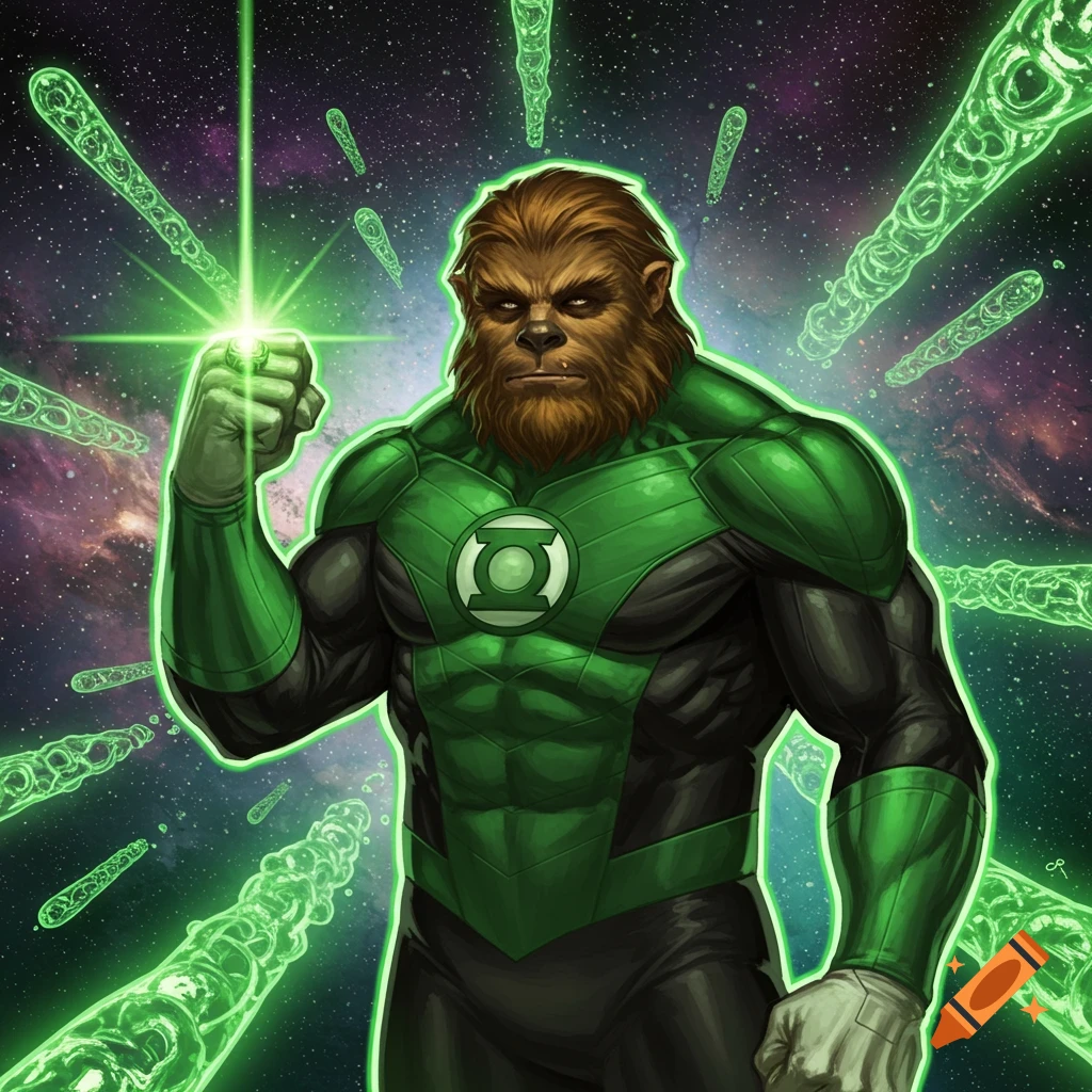 A muscular, brown Wookie-like Green Lantern in a green uniform, with his glowing power ring in a starry space background.