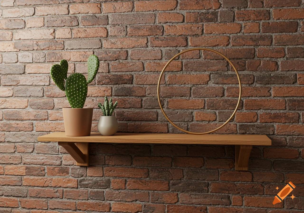 A wooden shelf against a red brick wall holds a potted cactus, a smaller plant, and a golden hoop.