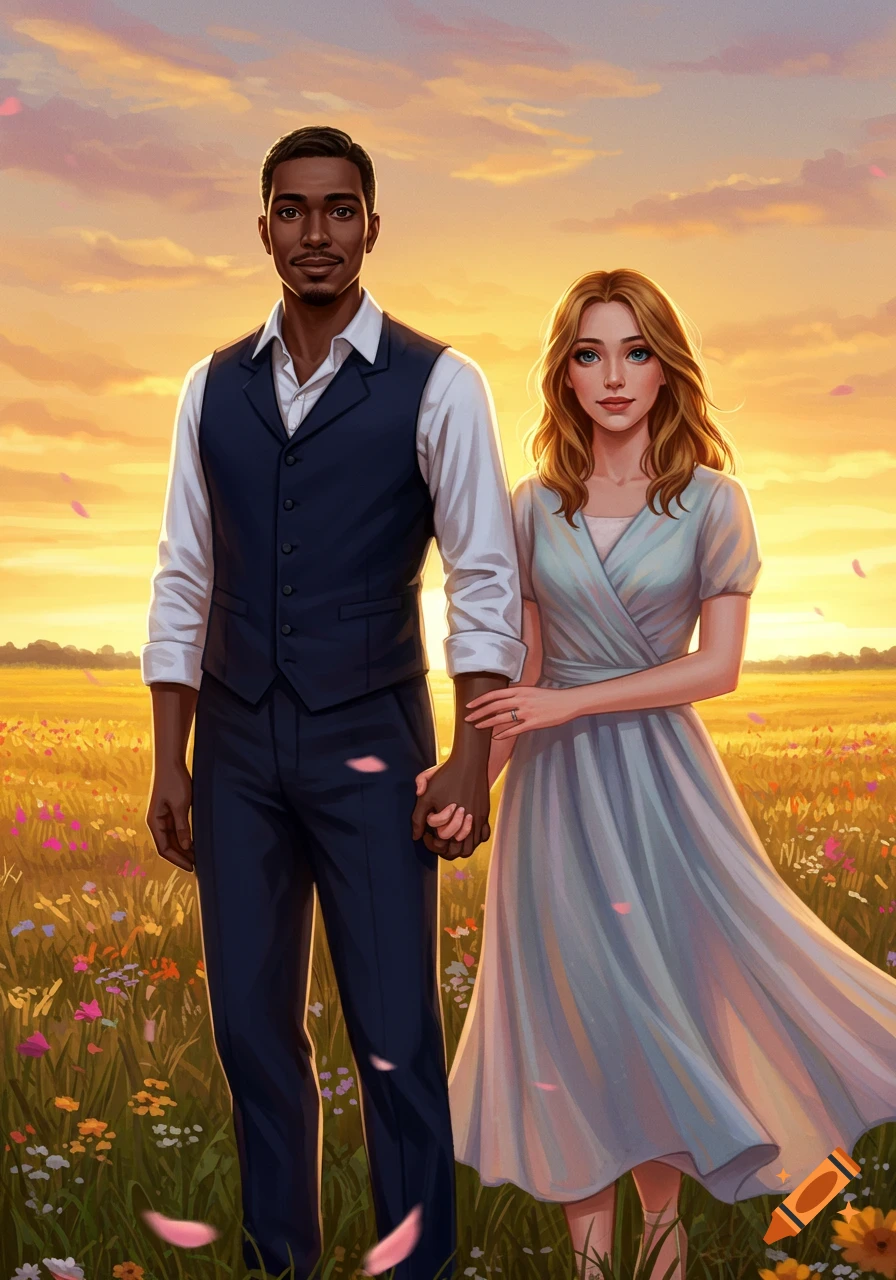 An illustrated portrait of a couple holding hands in a field of wildflowers at sunset.