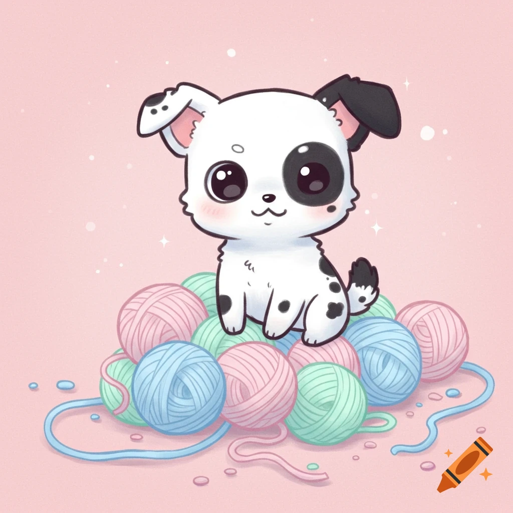 A cute chibi white dog with black spots sitting on a pile of pink, blue, and green yarn balls.