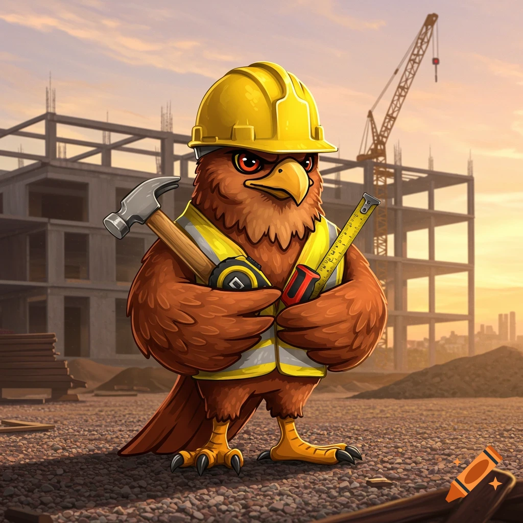 A cartoon Redhawk wearing a yellow hard hat and safety vest, holding a hammer and tape measure, standing at a construction site.