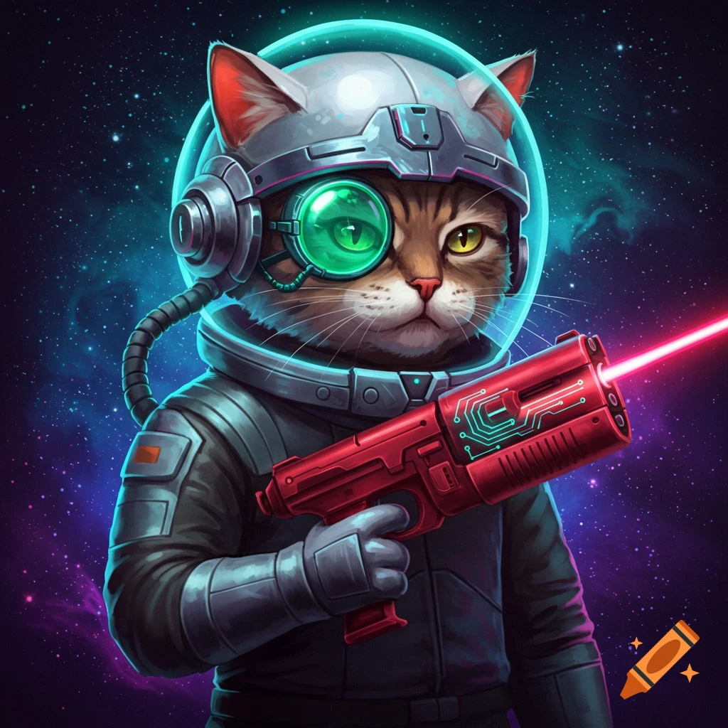 A serious-looking tabby cat in a futuristic space suit and helmet with a glowing green monocle, holding a red laser gun against a starry galaxy background.