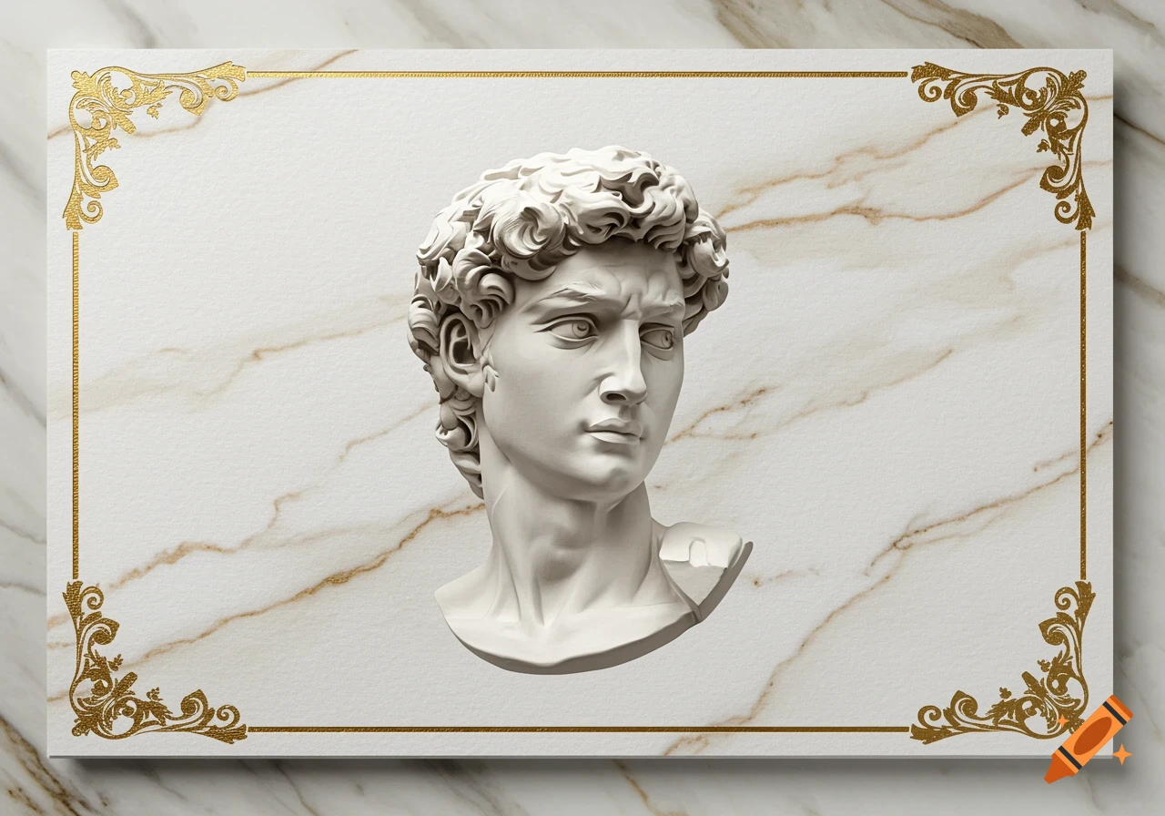 White marble bust of David statue on a white marble background with gold veins and ornate golden corner borders, resembling a decorative card.