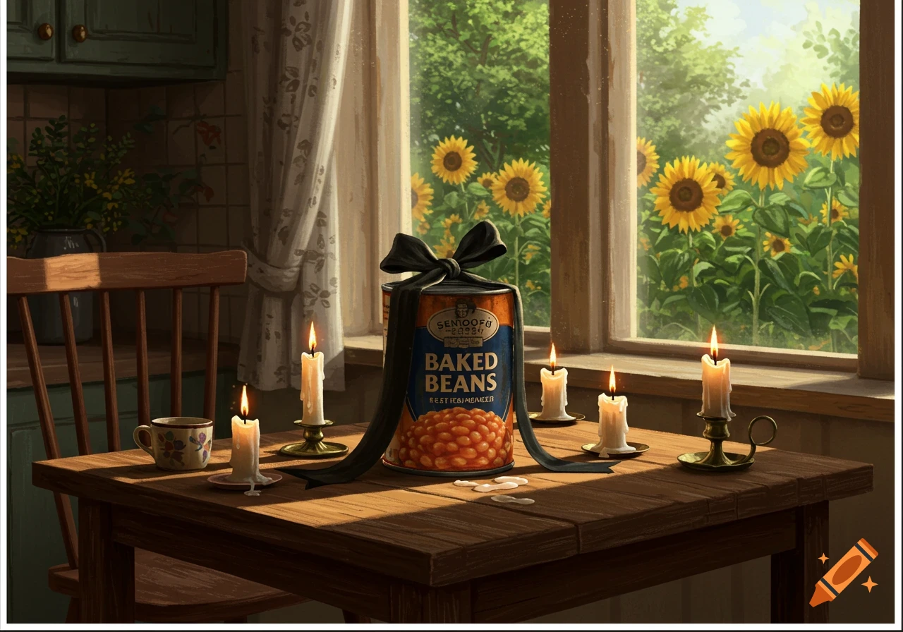 A still life image of a can of baked beans wrapped in a black ribbon, surrounded by lit candles on a wooden table. Sunflowers are visible through a window in the background.